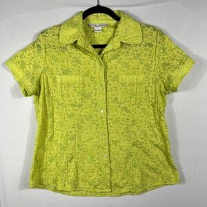 Vtg 90s Y2K Embroidered Floral Short Sleeve Button Down Shirt Lime Green Wms 10